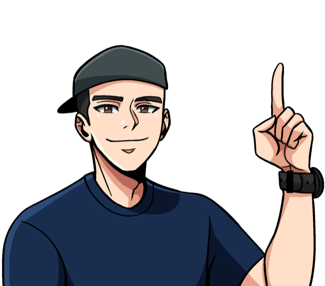 An illustrated portrait of Enzo Bercasio in a cap, pointing up